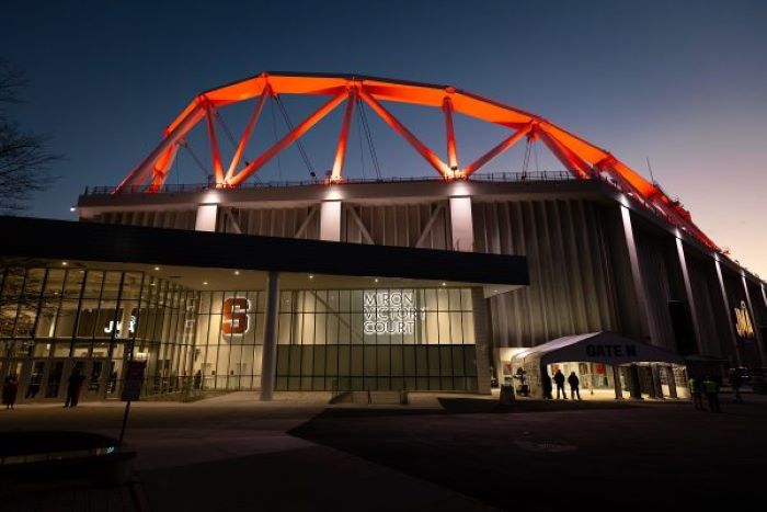 Facility exterior at night